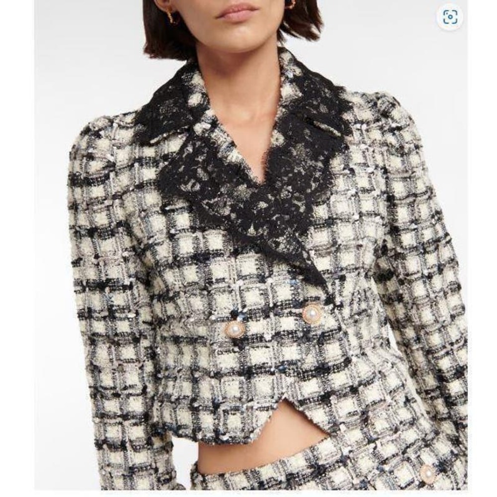 LoveShackFancy Lace Black Plaid Patrick Blazer 2 NEW Cropped Ivory Tweed Jacket - Picture 1 of 9